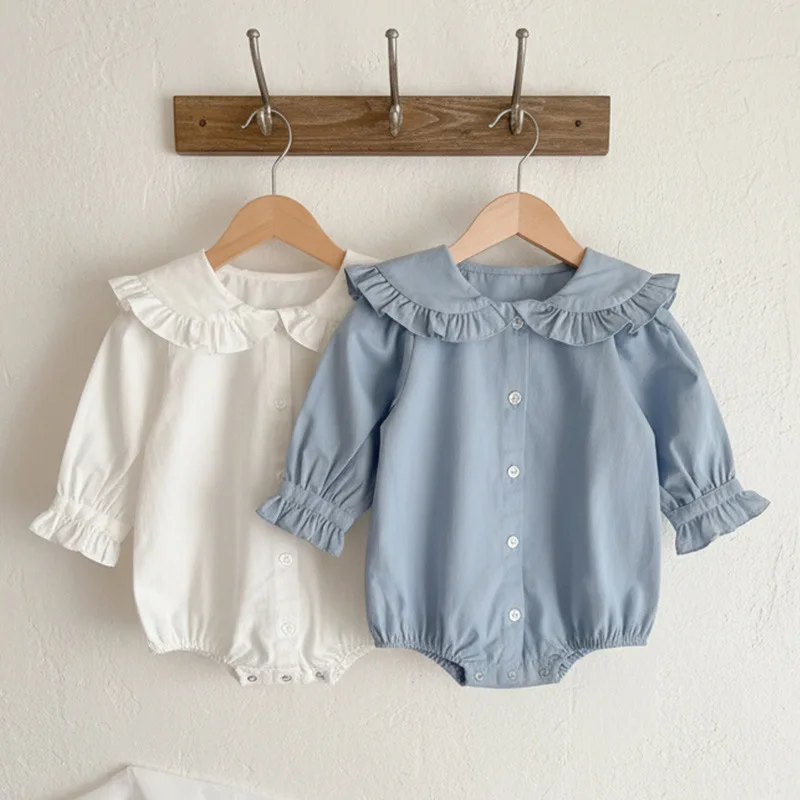 Baby crawling suit 2026 new French sweet style jumpsuit for children's clothing, fashionable baby girl collar long sleeved shirt