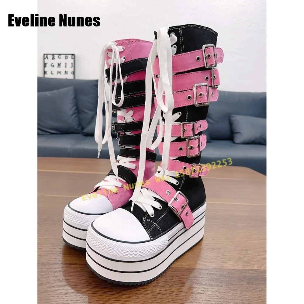 Y2K Canvas Platform Belt Buckle Long Boots Street Wasteland Style Punk 2025 Round Thick Sole Lace-Up Spicy Girl Knee High Boots