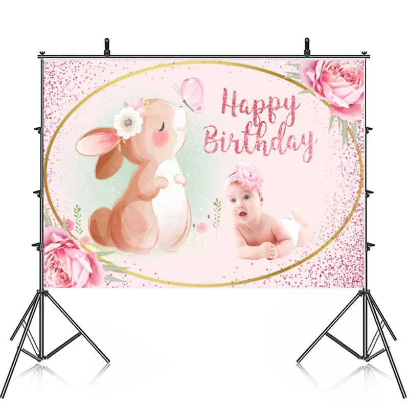 Happy Christening Baptism Birthday Party Backdrop Photography Baby Shower Cute Bunny Rabbit Background Banner Custom Name Pic