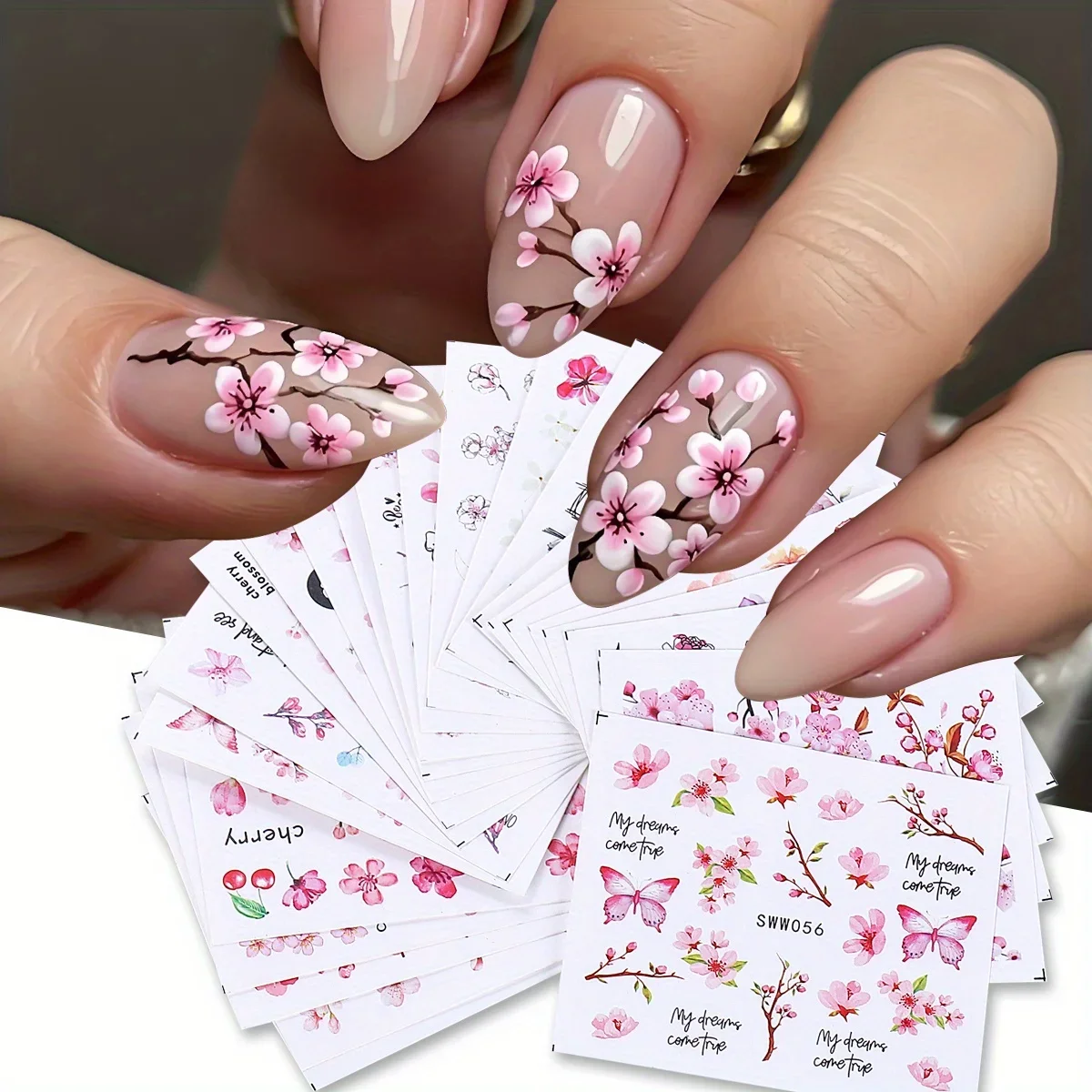 24pcs/set Sakura Flower Nail Water Stickers Pink Cherry Blossoms Floral Leaf Ink Design Japanese Style Transfer Sliders Manicure