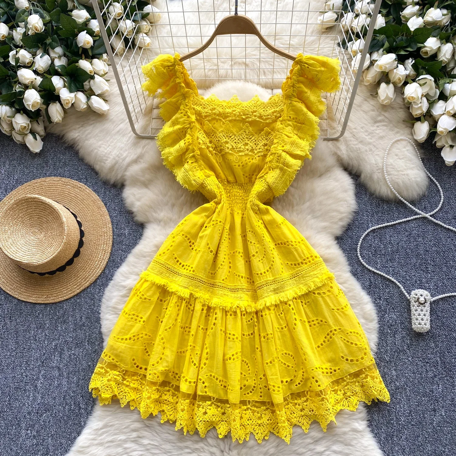 

Clothland Women Stylish Lace Mini Dress Hollow Out Square Collar Tassel Elastic Waist One Piece Chic Dresses Vestido QD786