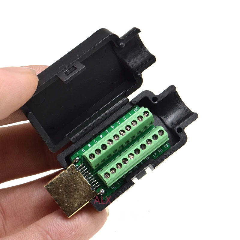 1PCS HDMI 19PIN male plug connector to terminal adapter with black shell wire cable free solder 19 pin