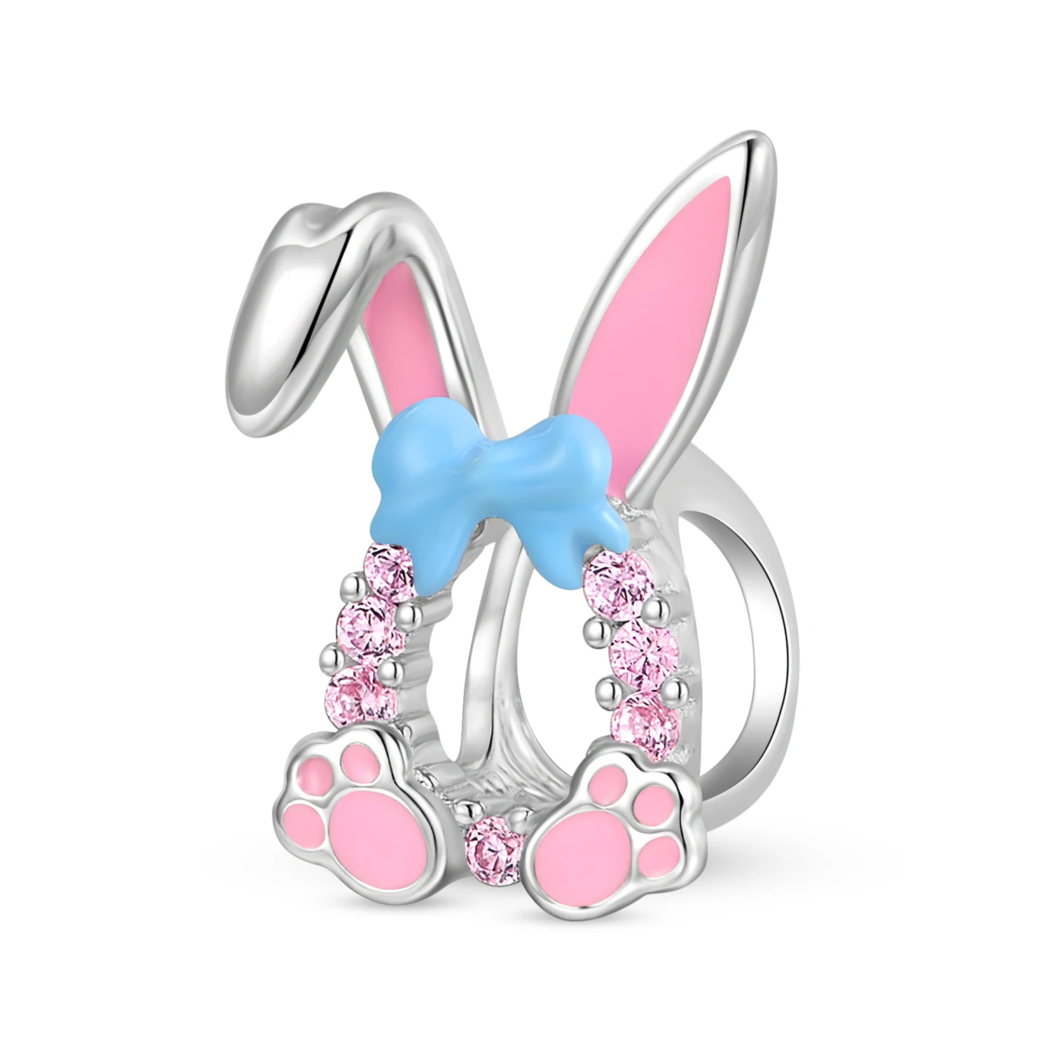 

925 Sterling Silver Pink Claw Rabbit Bowknot Earrings Cute Zircon Charm Fit Original Bracelet Diy Jewelry Accessories Beads