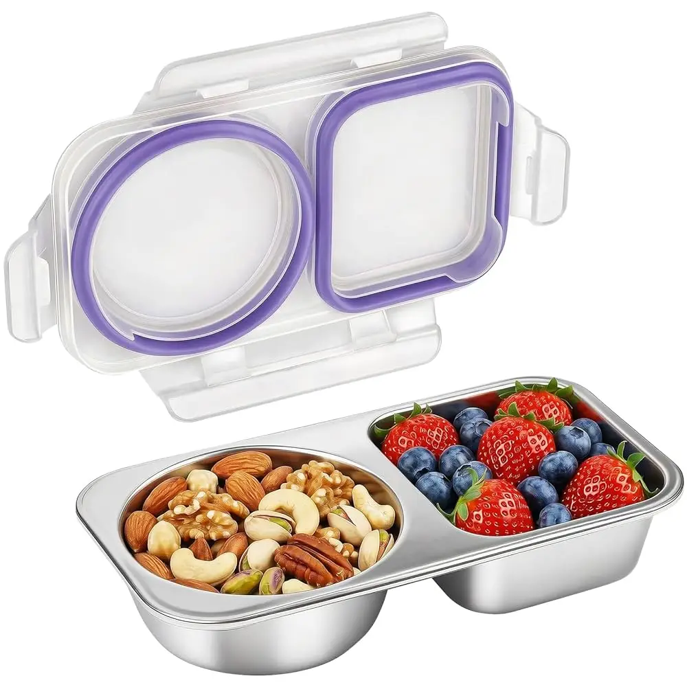 

Контейнеры для закусок из нержавеющей стали с крышкой, многоразовые, с 2 отделениями, герметичные, для хранения продуктов, 13 унций, без BPA