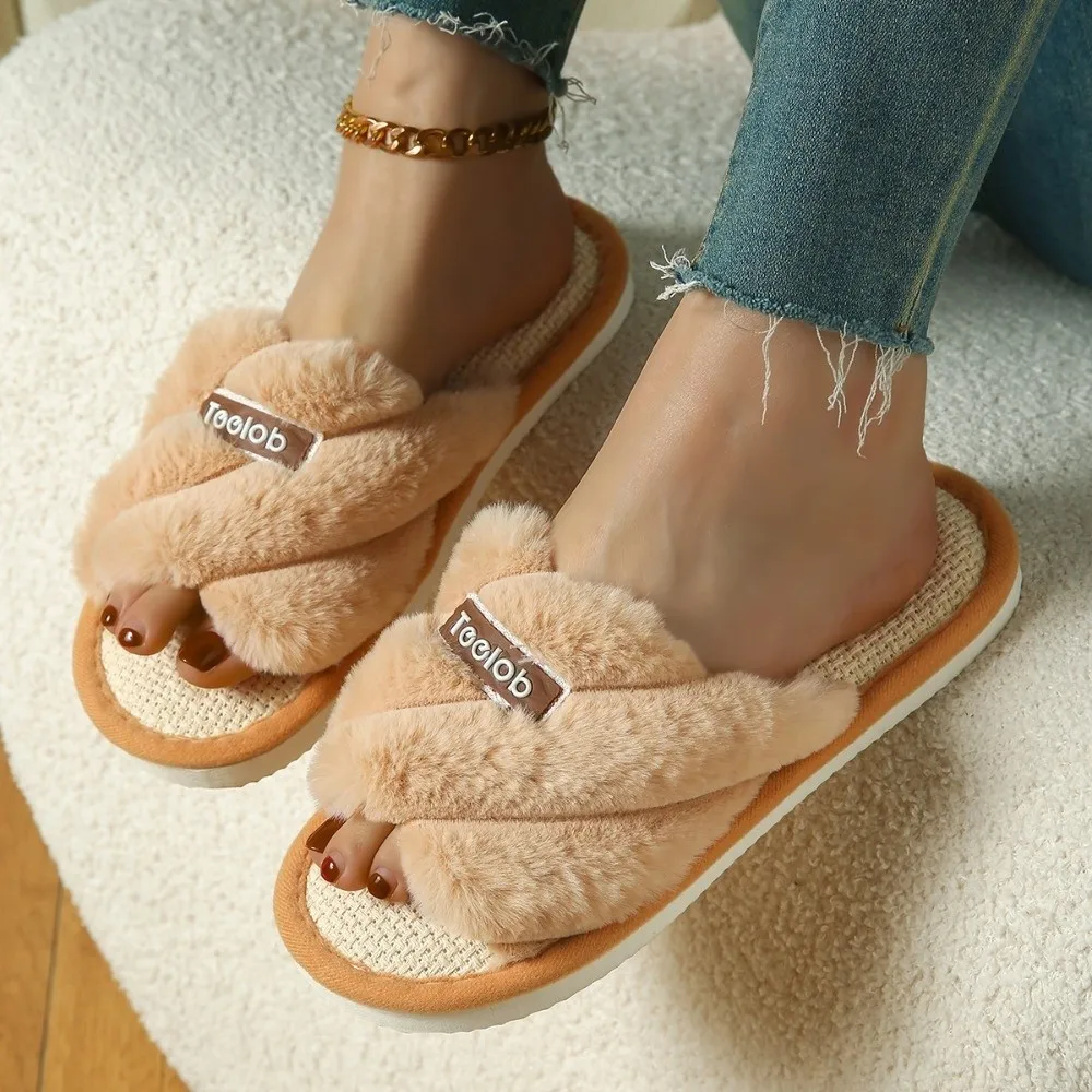 1Pair Fashion Open Toe Fluffy Slippers Flat Bottom Non-Slip Home Slippers Soft Sole Keep Warm Women's Slippers Four Season