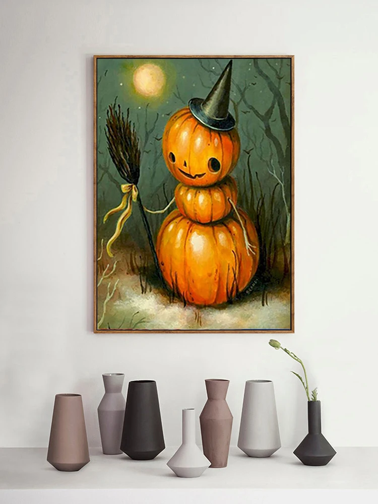 Pumpkin Scarecrow diamond painting Pumpkin scarecrow standing guard at night Diamond Mosaic Rhinestone Cross Stitch Decoration