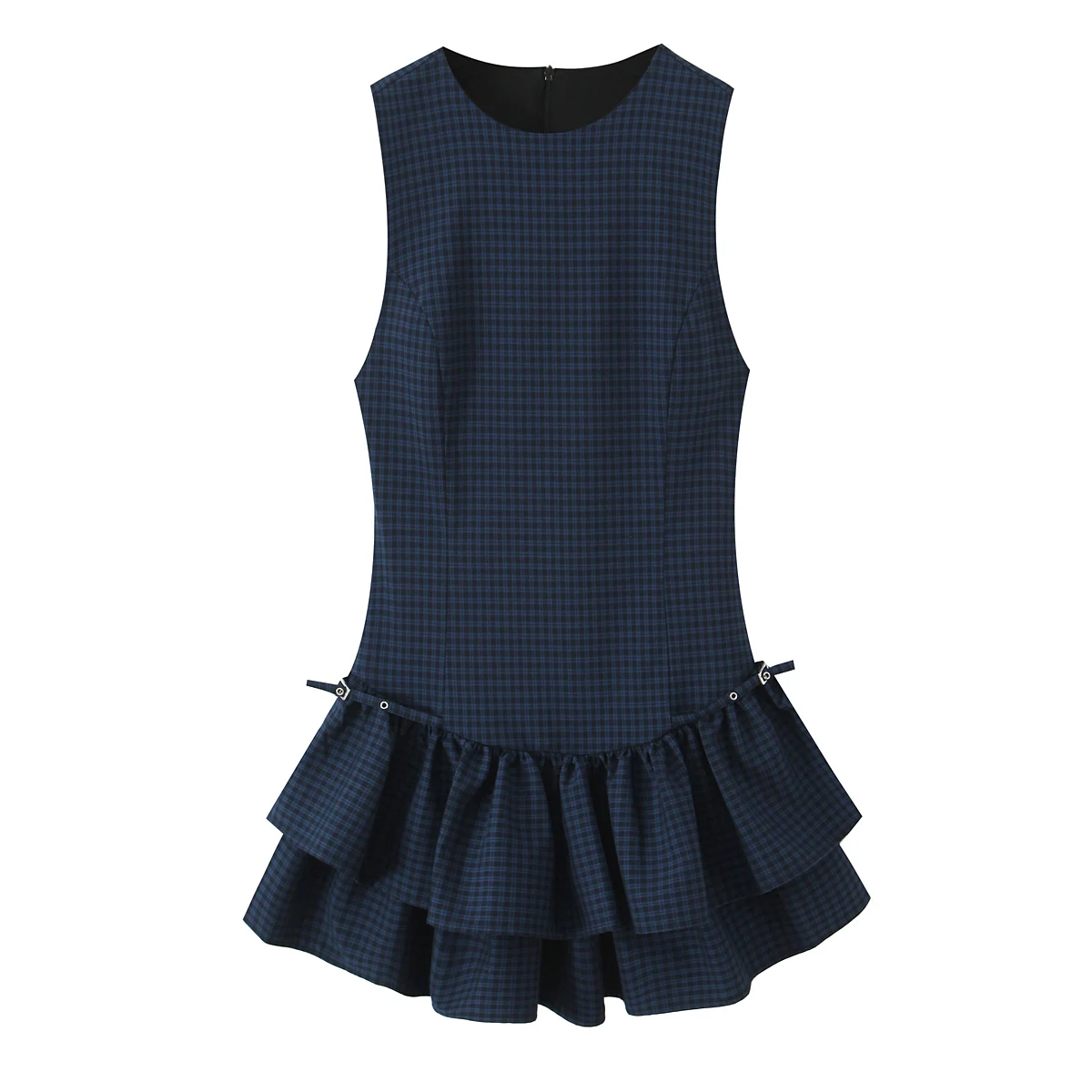 Mulheres o-pescoço sem mangas cintura cortada magro em camadas babados splice moda elegante xadrez quente menina sexy colete mini vestido feminino