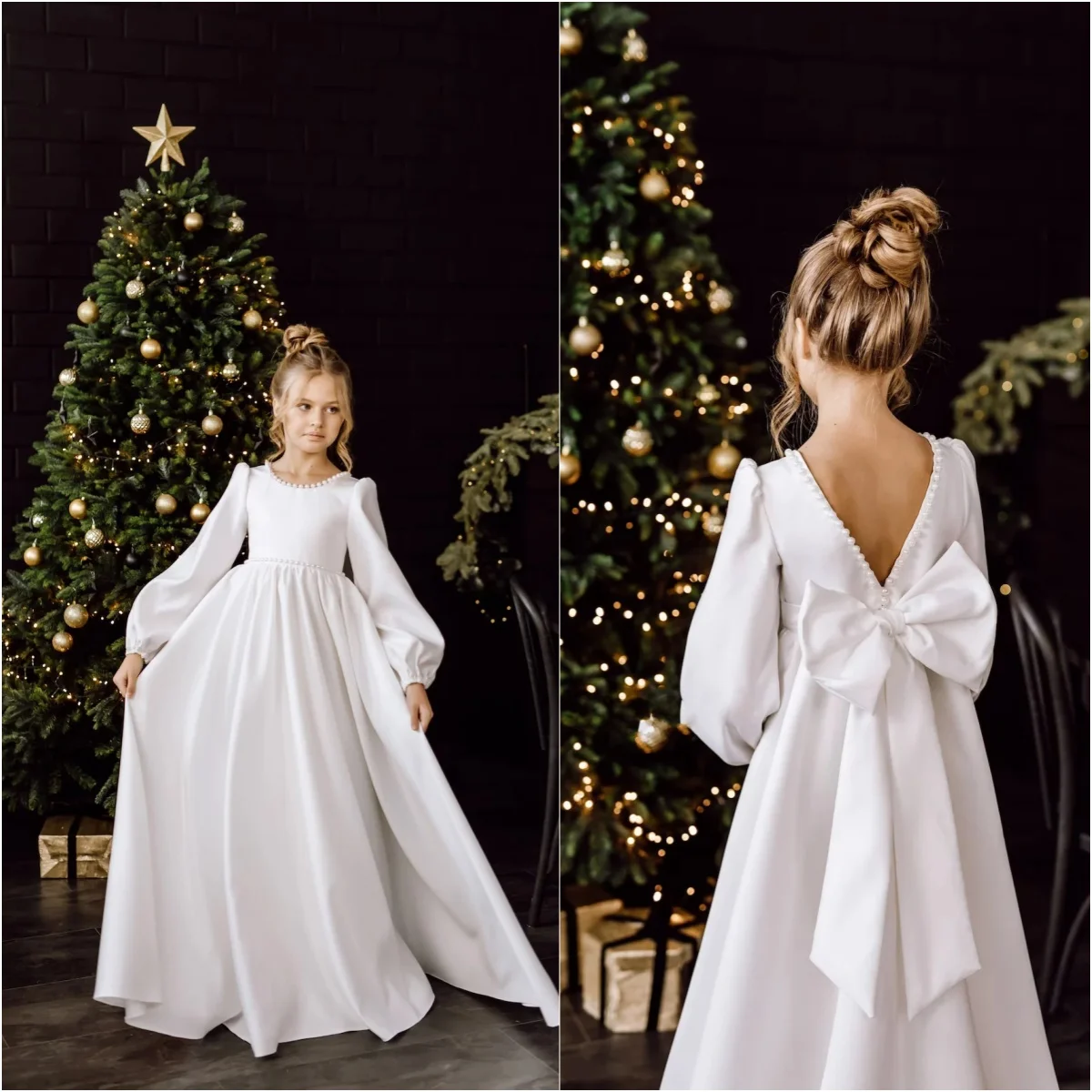 

Customized Flower Girl Dresses Pageant Gown for Wedding Satin Pearls Floor Length Elegant Birthday Party First Communion Gown