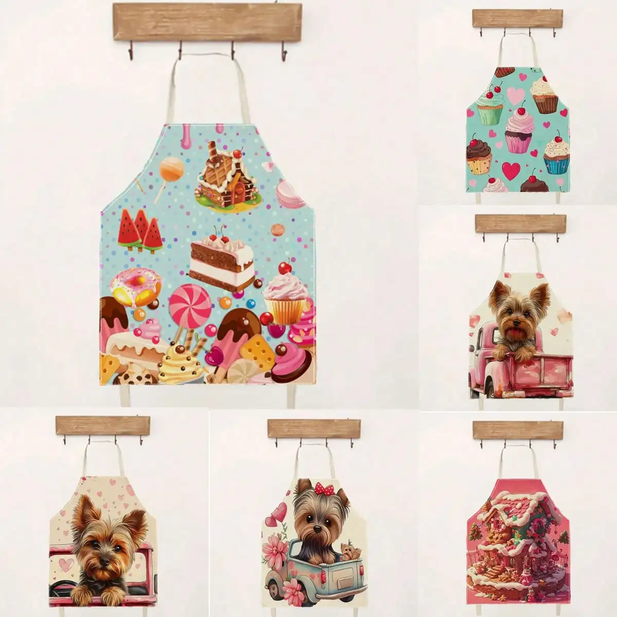 Cute Dog & Baking Apron, Yorkshire Terrier Print, Pastry Sweets Pattern, Kitchen Cooking Smock, Bakery Chef Uniform, Funny Gift