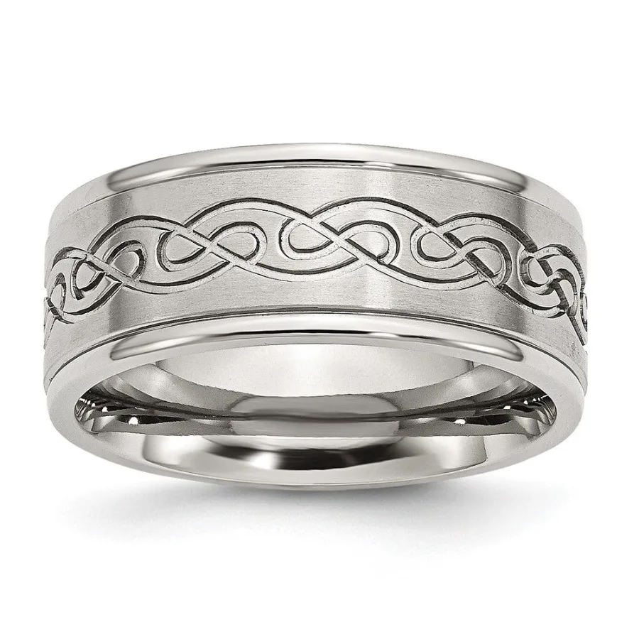 

Chisel Stainless Steel Brushed and Polished Scroll Design 9mm Ridged Edge Band
