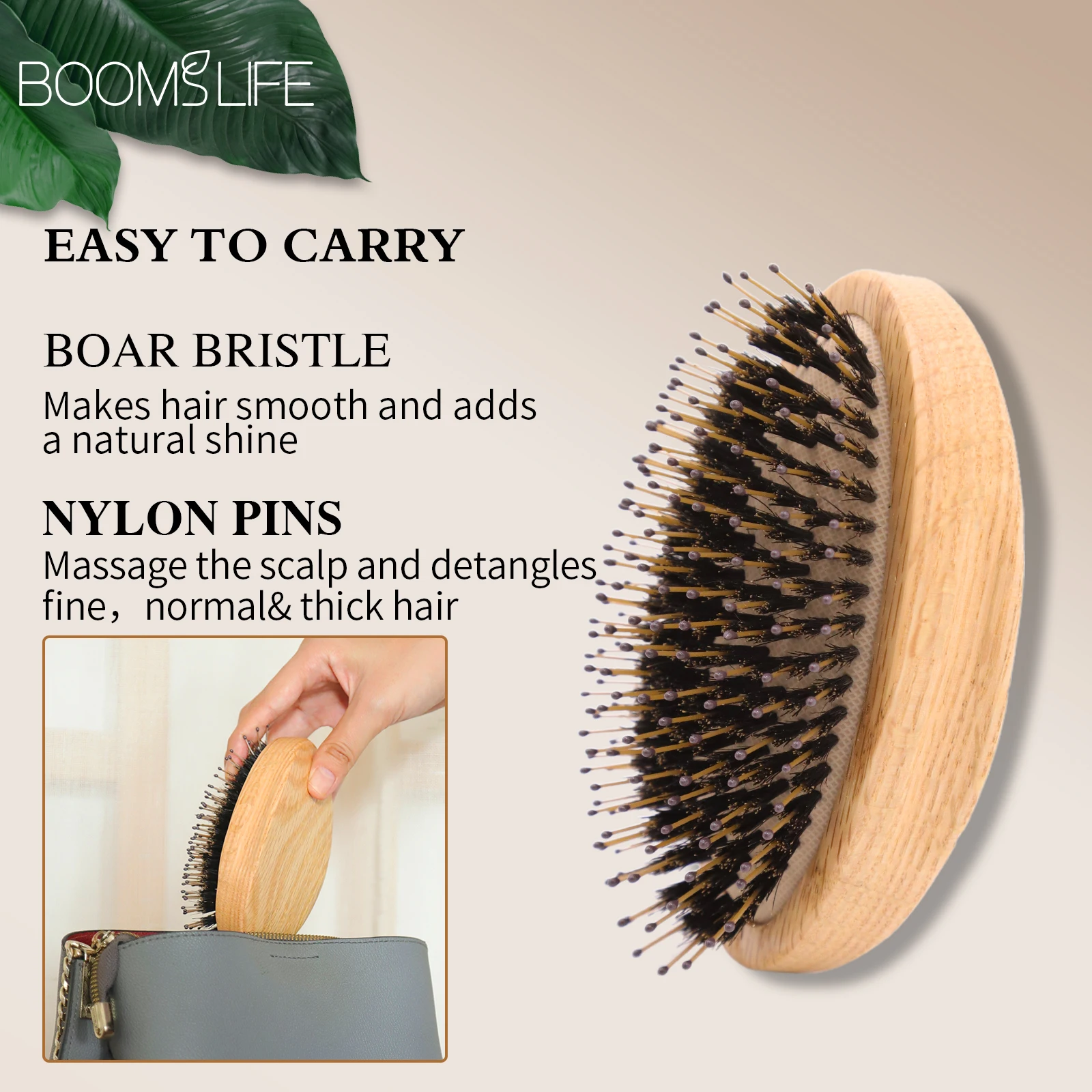 Boar Bristle Hair Brush Women Imperial Concubine Anti-Static Wood Comb with Nylon Pin Scalp Massage Brush  Portable Travel