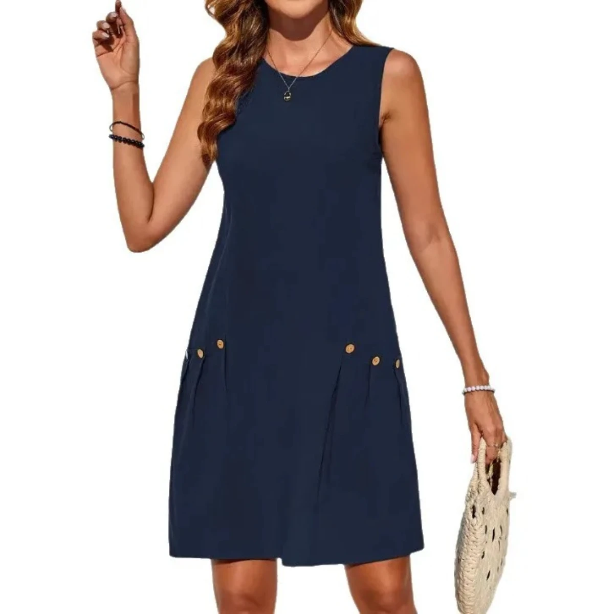 Nouvelle Robe Décontractée Élégante Unie à Double Poche Boutonnée et Col Rond Sans Manches pour Femme 2026