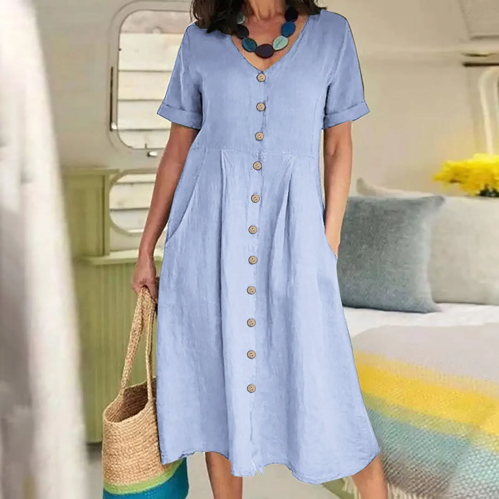 Summer V-neck Dress for Women Cotton Linen Blend High Waist Loose Casual Midi Skirt Buttons Perfect for Vacation