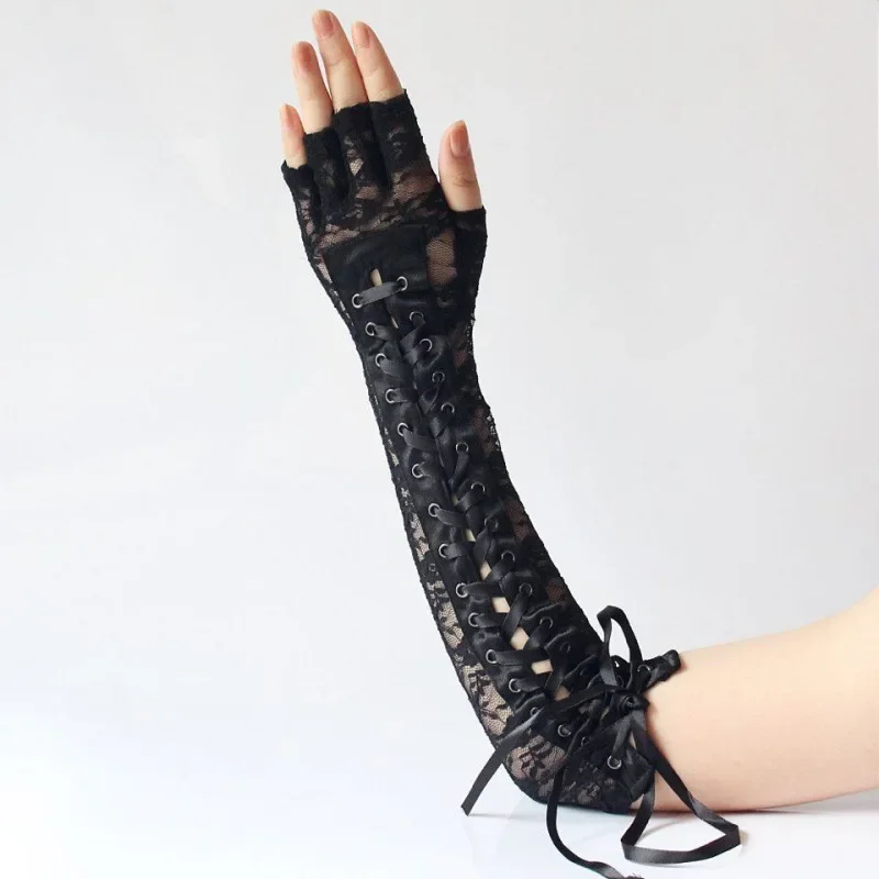 Women Sexy Floral Lace Elbow Length Half-Finger Gloves Black String Ribbon Ties Up Dance Party Fingerless Fishnet Mesh Mittens