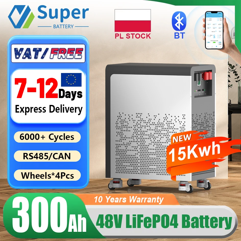 

LiFePO4 48V 300Ah 15Kwh Battery Pack 51.2V 100Ah 600Ah 900Ah Solar Lithium Battery Bluetooth RS485 CAN BMS 6000+ Cycles EU STOCK