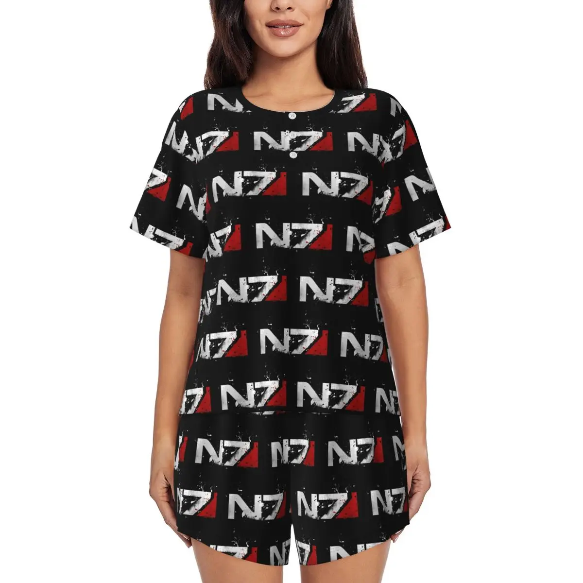

Ночная рубашка Mass Effect Distressed N7 с круглым вырезом и короткими рукавами для сна, женский мягкий пижамный комплект с короткими штанами