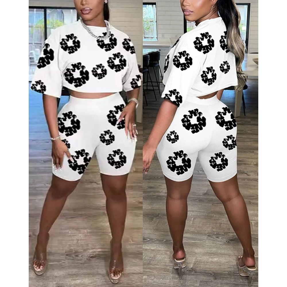 Summer Casual Women Floral Print O-Neck Half Sleeve Ctop Top & Skinny Shorts Set Summer Fashion Two Pieces Suit Set Outfits