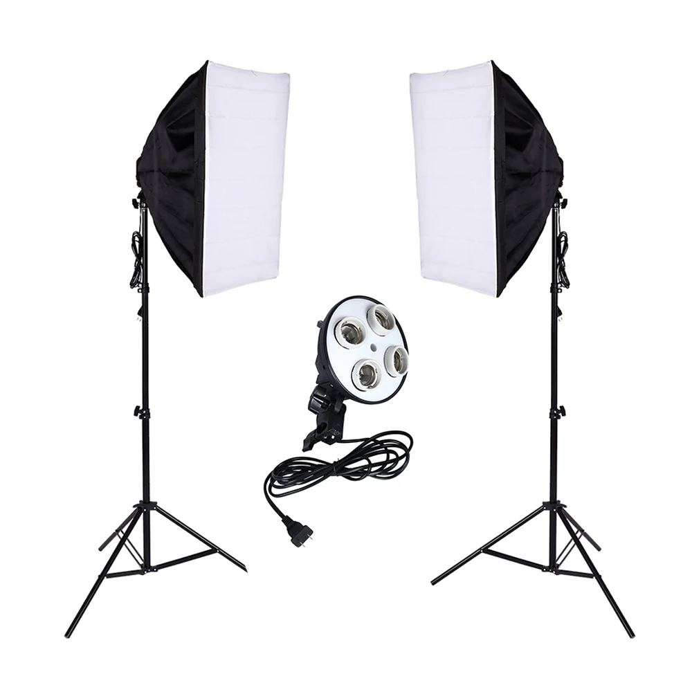2 PCS Photo Studio Diffuser 100-240v Softbox 4 Lamp Holder Socket With 50*70cm Continuous Lighting include Light Stand