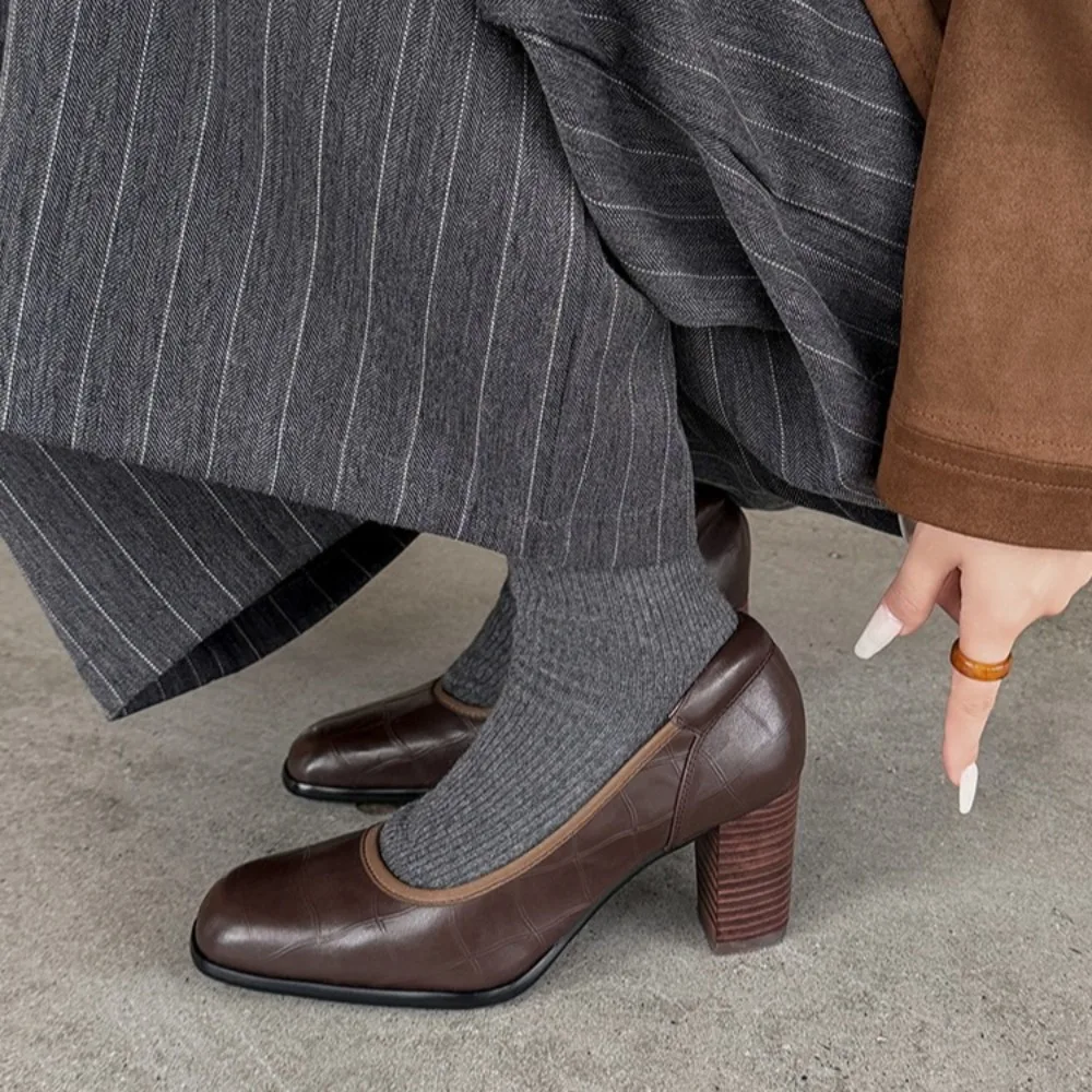 Women's Genuine Leather Pumps - Square Toe Block Heel Vintage Elegant Slip-resistant Office Shoes