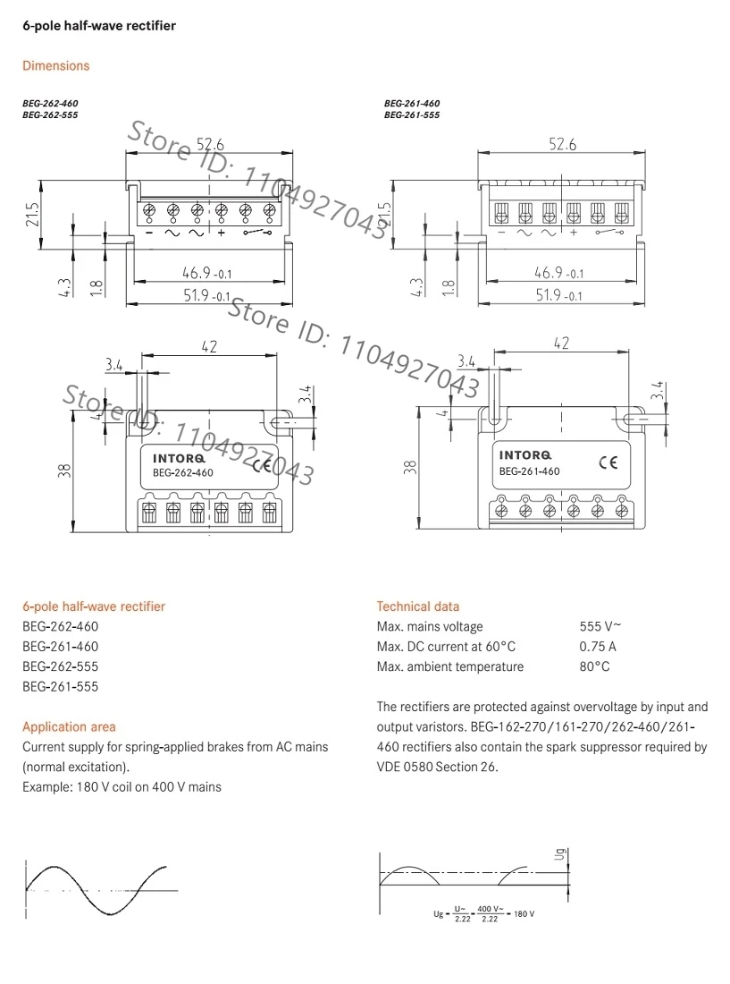INTORQ TYP BEG-262-460 Half-wave rectifier module, brake rectifier 13046438
