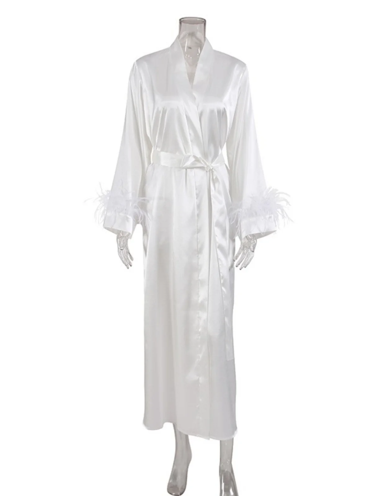 Autumn Winter Long Sve Sprobe Satin Long Dr Women's Home Clothes Faionable  Knot Spwear White