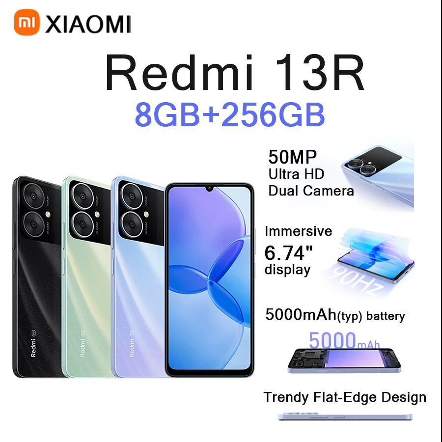 

﻿ Xiaomi Redmi 13R 6.74" Screen 50MP Ultra HD Dual Cam 5000mAh Battery Flat-Edge Design 8GB+256GB Dual SIM Android Phone