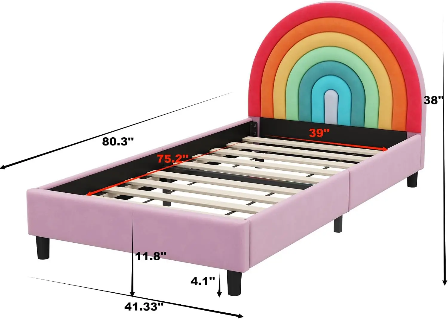 Rainbow Twin Upholstered Bed Kids Girls Boys Velvet Low Platform Frame Colorful Headboard No Box Spring Cute Princess Style Chil