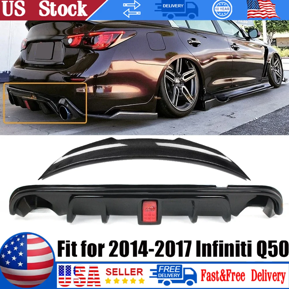 

2PCS Carbon Fiber Car Rear Bumper Diffuser & Rear Spoiler For Infiniti Q50 2014-2017 With LED Lamp Car Gloss Black Boot Spoiler