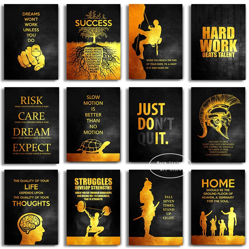 Golden Motivational Quote Art Posters Success Hard Work Inspiring Canvas Painting Wall Art Picture Office Living Room Home Decor