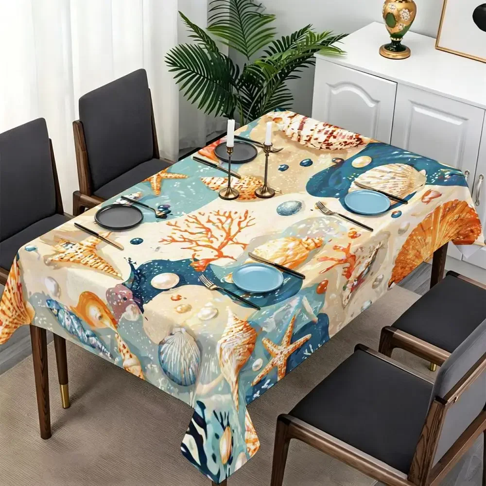 Ocean-themed tablecloth, decorated with shells, corals, starfish and pearls.yzb