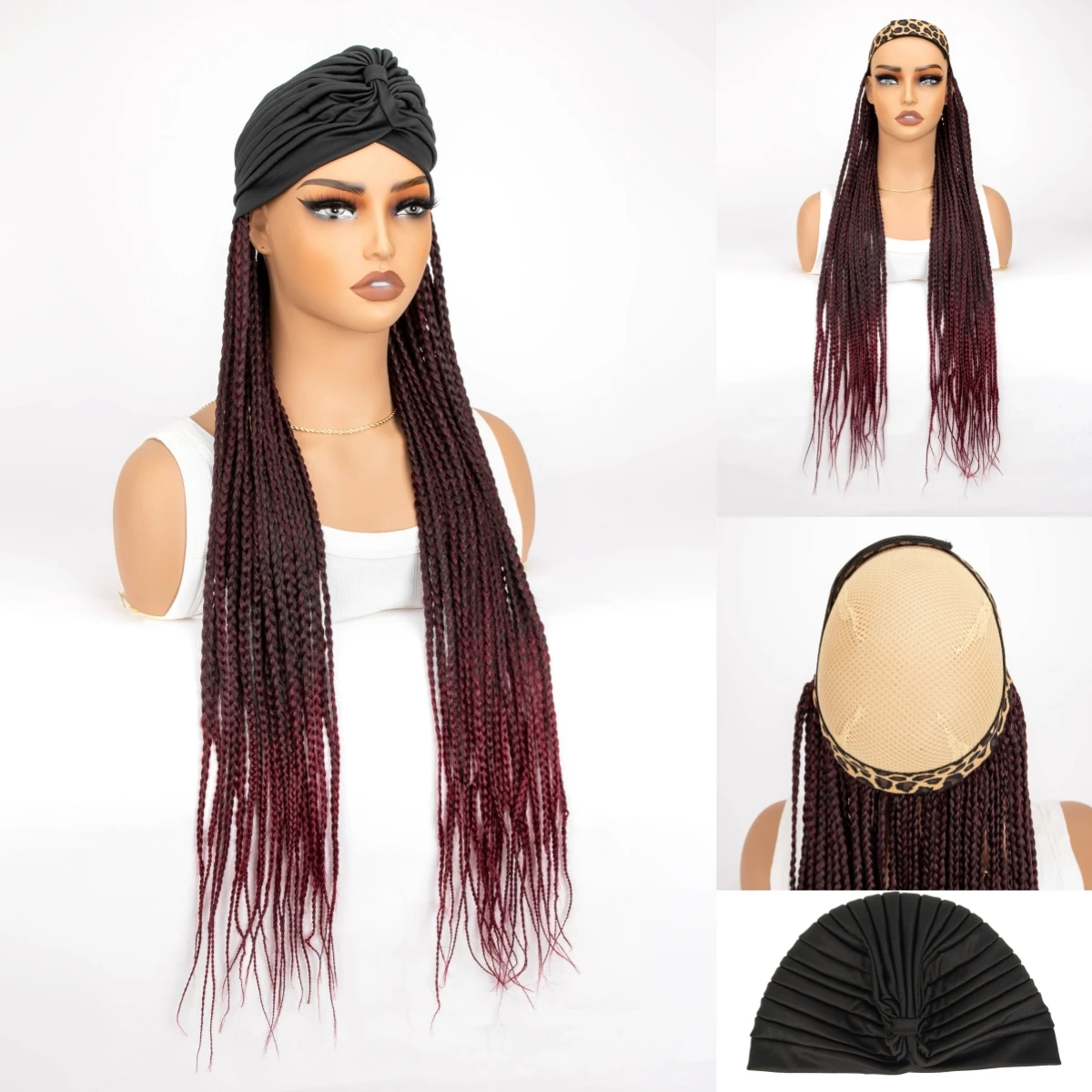 Long 24Inch Ombre Black Burgundy Braided Synthetic Wig With Black Headband Turban With Braiding Hair Extensions For Black Women