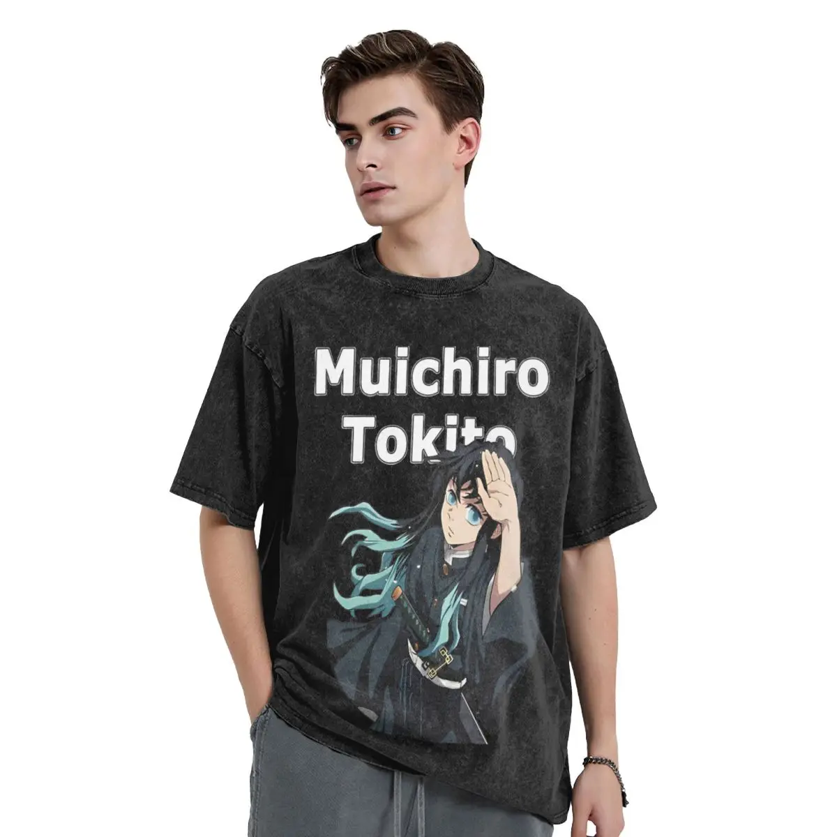 Muichiro Tokito Art Washed T Shirt Streetwear Novelty T-Shirt Anime Demon Slayer Tees Tops Men Women Cotton Harajuku Summer