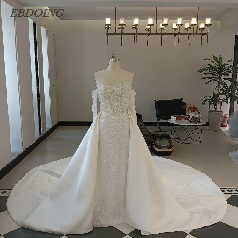 

Новейшее свадебное платье-русалка с блестками и кружевом, 2 в 1, без бретелек, со съемными рукавами, на заказ, для невесты, Vestidos De Novias