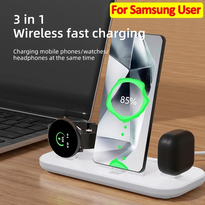 Foldable 3 in 1 Wireless Charger Pad For Galaxy Watch 7 6 5 Active 3/4 Samsung S20 S21 Earbuds Type C Fast Charging Station Dock