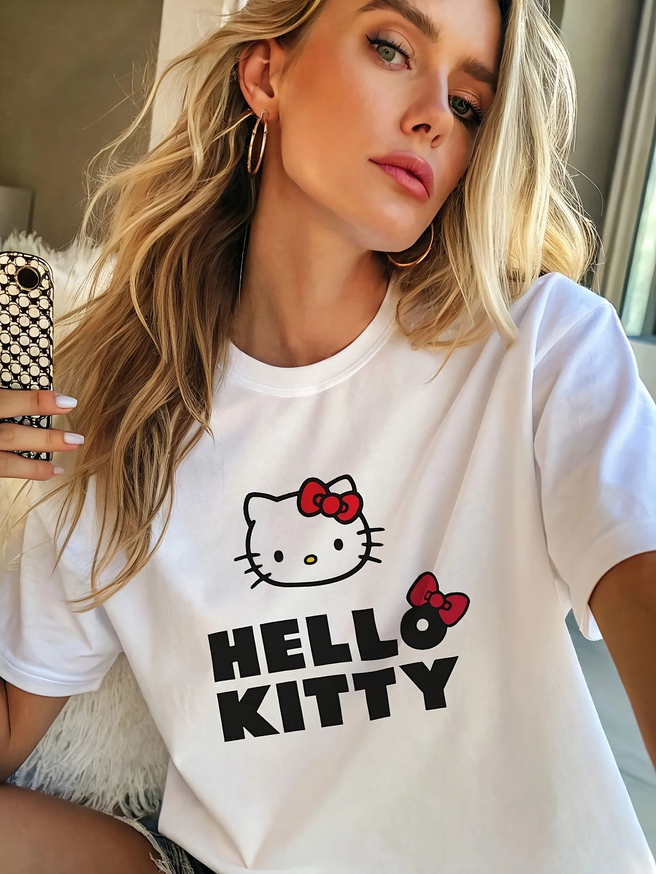 

Sanrio Hello Kitty, женская футболка с милым мультяшным принтом, повседневная одежда с круглым вырезом и короткими рукавами, весна/лето