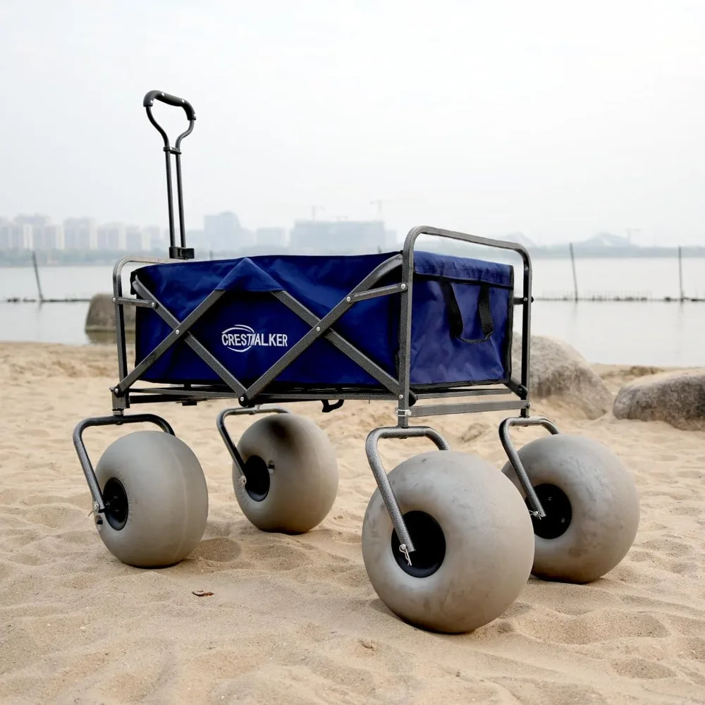 Beach Wagon with Big Wheels for Sand, Folding Trolley Cart with Balloon Wheels (Pump Included)