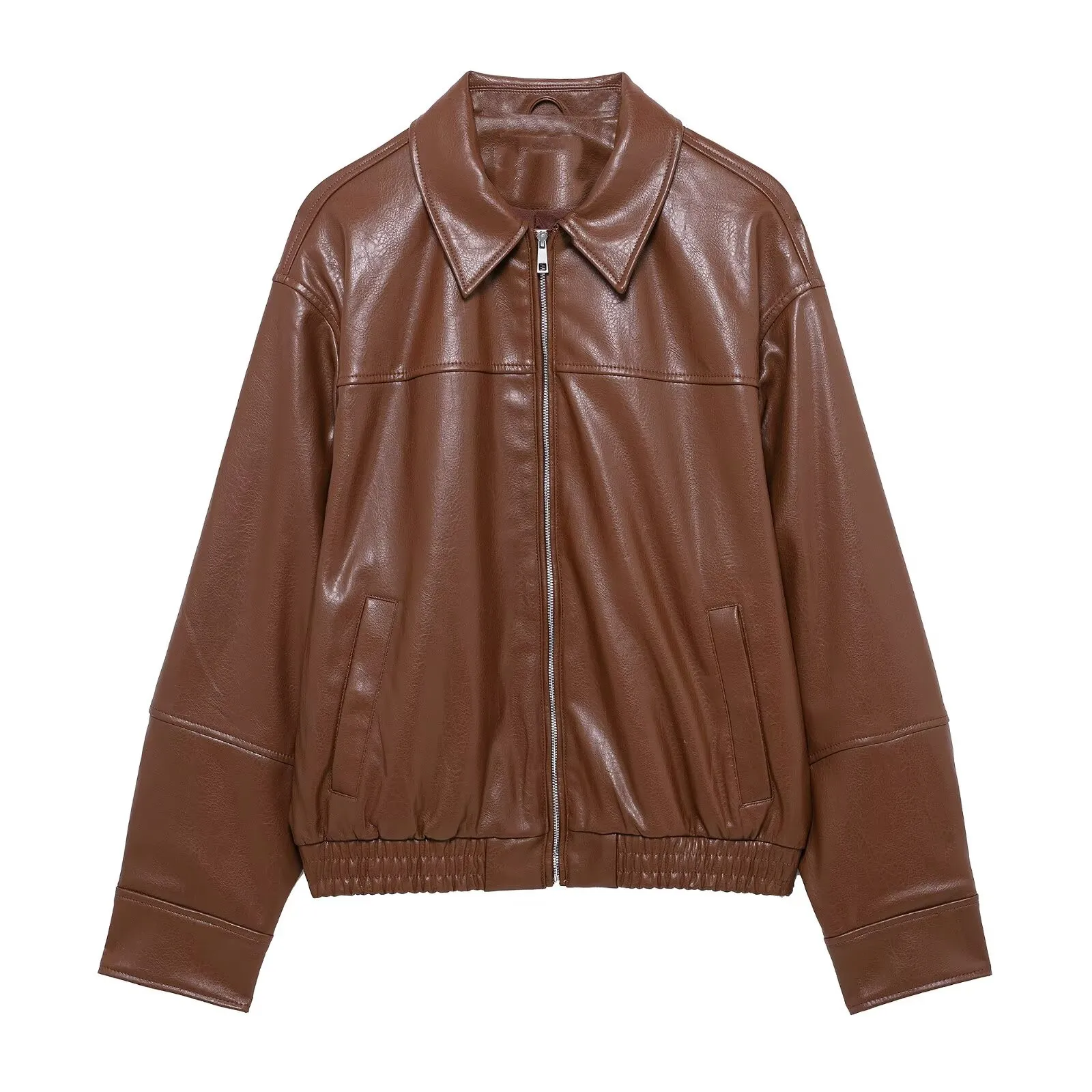 PB&ZA 2025 เสื้อแจ็คเก็ตหนังสีน้ําตาลสตรีพร้อมซิปดีไซน์ปกด้านหน้าชายเสื้อยางยืดและกระเป๋าด้านข้างเพื่อลุคอินเทรนด์