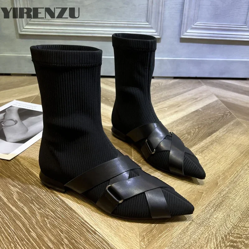 

Новинка осени и зимы 2021, удобные универсальные эластичные ботильоны на плоской подошве с острым носком для женщин, тонкие ботинки для верховой езды