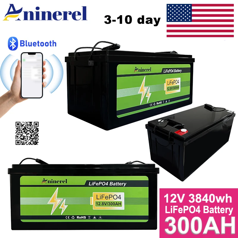 Aninerel 12V 300AH 3840Wh LiFePO4 Lithium Battery With 100A BMS Perfect for RV Golf Cart Solar Power System Home