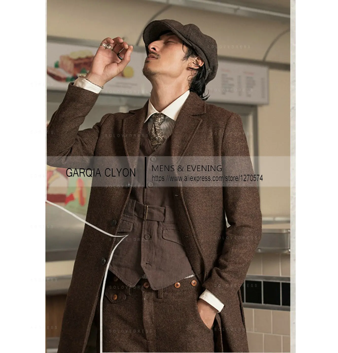 English Long Style Tweed Male Coat Formal Business Only Coat Custom Gentle-Mens Groom Dress Blazer Jacket Long Coat