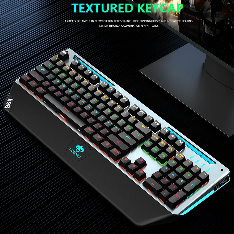New Arrival Blue Axis 104 Key USB Wired Gaming Mechanical Keyboard Wrist Rest With Metal Brushed Panel