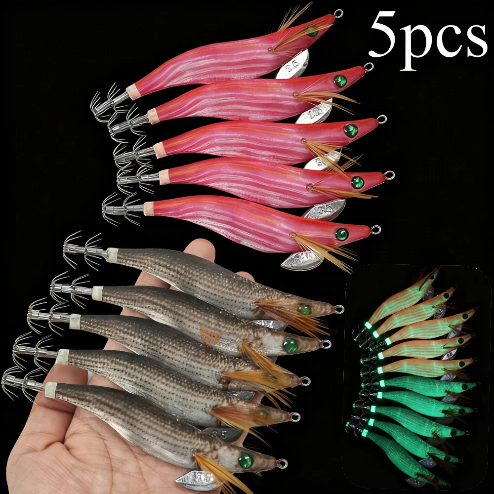 5pcs 13cm/21g Saltwater Shrimp Fishing Lures Glow Shrimp Prawn Lures Cuttlefish Shrimp Baits Hook Fishing Accessories Squid Jig