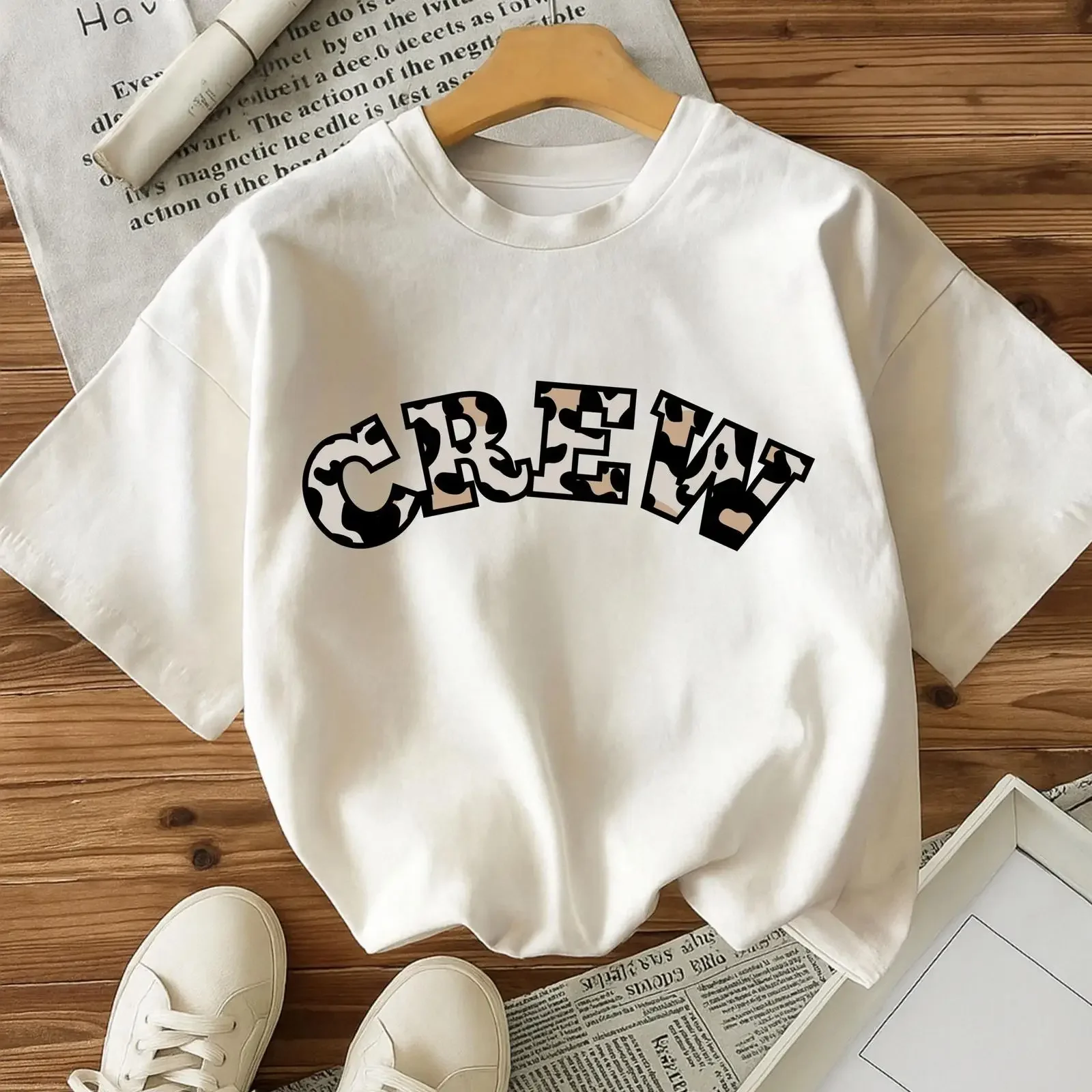 Cow-Print CREW Letter T-Shirt Damen Casual Oversized für Junggesellinnenabschied Team Braut Hochzeit Brautjungfer Vintage gewaschen leicht