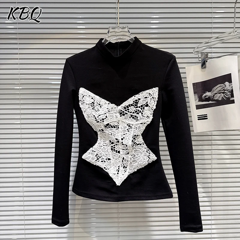 

KBQ Hit Color Сpliced Кружевные утягивающие футболки для женщин с круглым вырезом и длинным рукавом Темперамент Шикарная футболка Женская мода Зимняя новинка