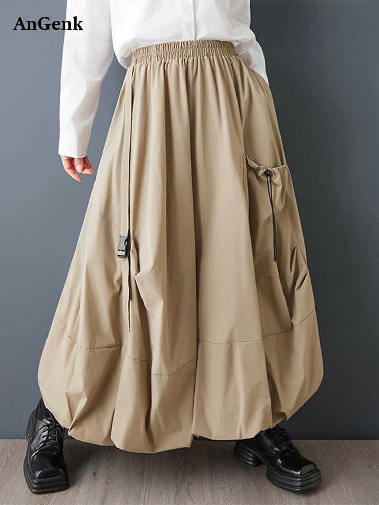 2026 Sping Autumn New Khaki Vintage Oversized High Waist Skirt Women Pocket Ribbon Loose Casual Long Skirts Fashion Clothing