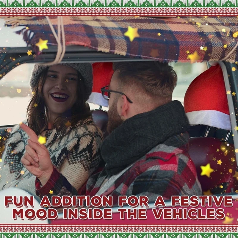 H3CE Plush 2Pieces Santa Hat Chair Car Headrest Covers Festive Vehicle Decorations Christmas Auto Interior Accessories