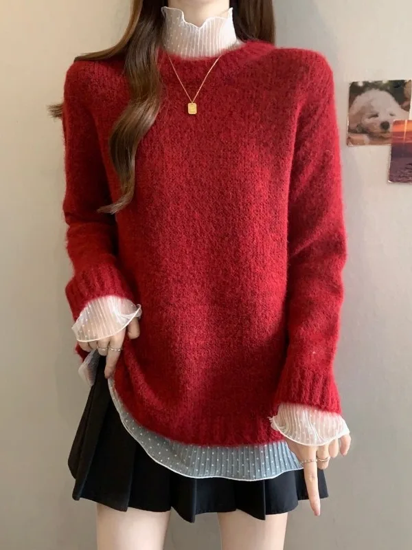 

Красный длинный вязаный свитер Sve Me, женский свободный крой, большие размеры, зимний модный топ, повседневный мягкий полиэстер