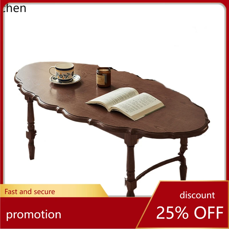 

HT retro solid wood double-layer coffee table small apartment living room high-end art petal low table