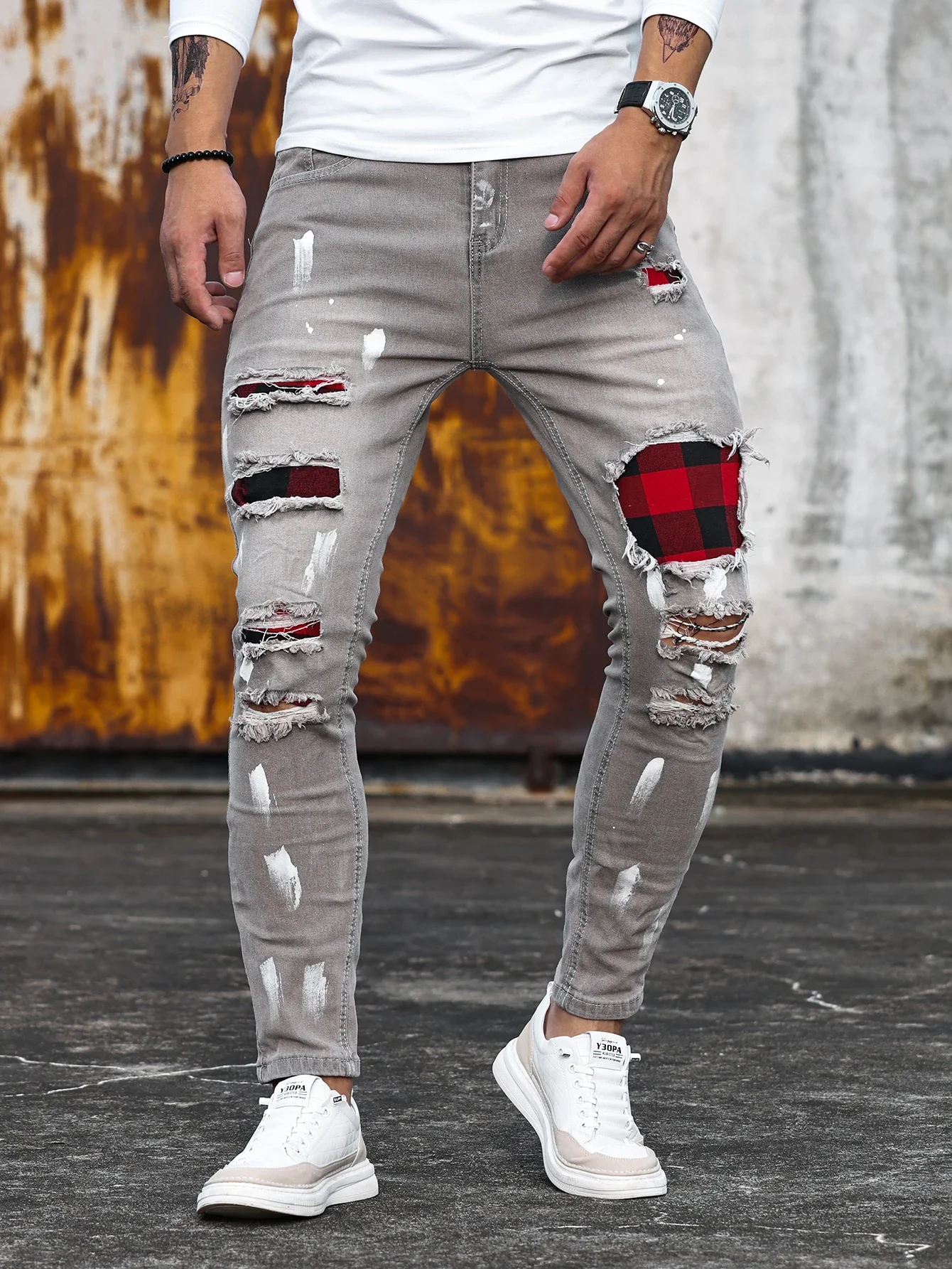 New 2025 Jeans Pencil Pants Holes Distressed Men Streetwear Denims Patchwork Slim Fit Washed Denim Ankle Length Trousers
