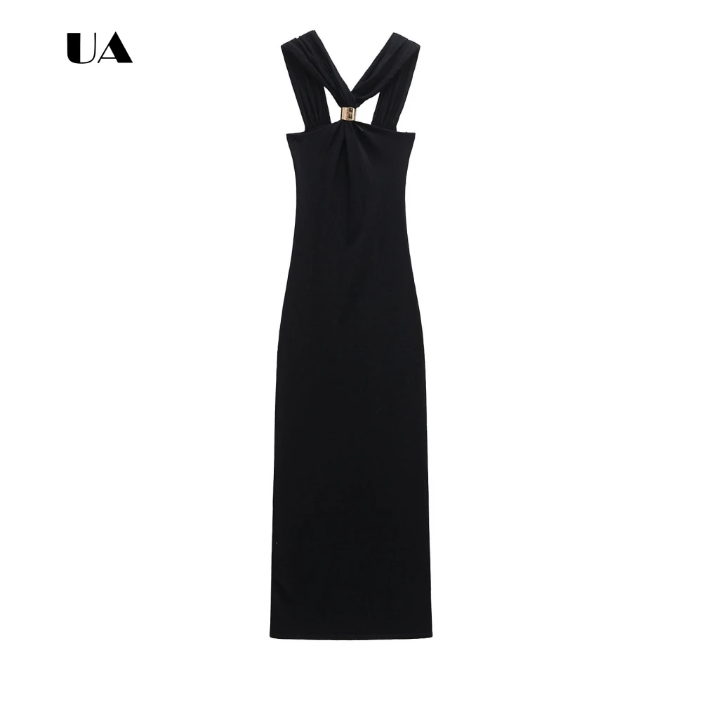 ULBYANRY Elegant Gold Inlaid Knitted Halterneck Long Dress, Solid Sleeveless Evening Dress for Woman, Simple Gathered Party Gown